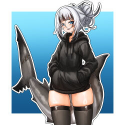 1girl animal_hood black_thighhighs blue_eyes blunt_bangs blush cowboy_shot fins fish_tail gawr_gura grey_hair hair_ornament highres hololive hololive_english hood hoodie long_hair looking_at_viewer multicolored_hair open_mouth shark_girl shark_hair_ornament shark_hood shark_tail sharp_teeth skindentation smile streaked_hair superfann tail teeth thighhighs virtual_youtuber