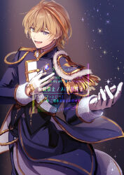 Rule 34 | 1boy, :d, ahoge, aiguillette, artist name, blonde hair, blue eyes, blue jacket, buttons, commentary request, epaulettes, fura kanato, gem, gloves, gold trim, hair between eyes, hands up, highres, idol, idol clothes, jacket, light particles, long sleeves, looking at viewer, lower teeth only, male focus, mapogeso, multicolored hair, multicolored jacket, nijisanji, open mouth, orange hair, short hair, signature, single epaulette, sleeve cuffs, smile, solo, sparkle, standing, streaked hair, teeth, twitter username, two-tone jacket, virtual youtuber, watermark, white gloves, white jacket
