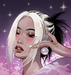 Rule 34 | 1girl, black eyes, black hair, blackpink, blonde hair, blush, close-up, commentary, earrings, eyeshadow, fake nails, gradient background, hair bun, highres, hyunnybini, jennie (blackpink), jewelry, k-pop, looking at viewer, makeup, mole, parted lips, pink lips, real life, sidelocks, solo, sparkle