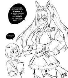 Rule 34 | 2girls, artist name, blush, bow, bowtie, breasts, buttons, clipboard, commentary, daiwa scarlet (umamusume), double-breasted, english commentary, english text, epaulettes, female trainer (umamusume), full body, garter straps, glasses, hair intakes, height difference, highres, holding, holding clipboard, index finger raised, jewelry, lineart, long hair, long sleeves, medium breasts, multiple girls, open mouth, pointing, pointing at another, puffy sleeves, semi-rimless eyewear, short hair, signature, simple background, size difference, sytokun, tall female, thighhighs, tiara, trainer (umamusume), twintails, umamusume, under-rim eyewear, very long hair, white background