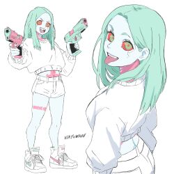 artificial_eye colored_sclera colored_skin cyberpunk_(series) cyberpunk_edgerunners dual_wielding green_hair gun handgun highres holding leg_tattoo mechanical_eye neck_tattoo pink_tattoo rebecca_(cyberpunk) red_sclera shirt shorts stomach_tattoo tattoo tongue tongue_out virtuware weapon white_shirt white_shorts white_skin