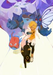 Rule 34 | 1boy, a-shacho, alternate costume, alternate hairstyle, alternate skin color, black leggings, blonde hair, brown eyes, butterfree, chromatic aberration, closed mouth, commentary request, dark-skinned male, dark skin, dated, dynamax, frosmoth, gen 1 pokemon, gen 2 pokemon, gen 4 pokemon, gen 5 pokemon, gen 8 pokemon, golurk, highres, holding, holding poke ball, hood, hood down, jacket, leggings, male focus, moon ball, nintendo, open clothes, open jacket, orange shirt, poke ball, pokemon, pokemon (creature), pokemon swsh, rotom, rotom (wash), running, shirt, shorts, signature, sportswear, umbreon, victor (pokemon), white jacket, white shorts