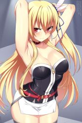 1girl alisa_reinford arched_back armpits arms_behind_head arms_up belt blonde_hair blush breasts cleavage closed_mouth commentary cowboy_shot earrings eiyuu_densetsu english_commentary falcom hair_between_eyes hair_ornament highres jewelry lindaroze long_hair looking_at_viewer miniskirt paid_reward_available purple_ribbon red_belt red_eyes ribbon sen_no_kiseki sen_no_kiseki_(series) sen_no_kiseki_i sen_no_kiseki_ii skirt solo thick_thighs thighhighs thighs twitter_username very_long_hair watermark web_address white_skirt zipper zipper_pull_tab