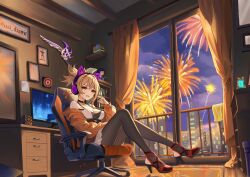 1girl :d absurdres alt_text analog_clock animal_ear_headphones animal_ears artist_logo balcony blonde_hair bookshelf bow_(weapon) breasts carpet casual cat_ear_headphones chair choker cleavage clock commentary_request curtains desk drawer dress fake_animal_ears fireworks gaming_chair genshin_impact hand_up headphones high_heels highres hood hooded_jacket indoors isai_salazar jacket logo long_hair looking_at_viewer medium_breasts monitor night off_shoulder open_mouth orange_jacket pendant_choker picture_frame ponytail red_choker red_shoes screen shoes signature sitting sleeveless sleeveless_dress smile spanish_commentary spanish_text stirrup_legwear swivel_chair title_screen toeless_legwear translated twitter_username video_game weapon weapon_on_wall white_dress window wooden_floor yellow_eyes yoimiya_(genshin_impact)