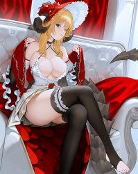 1girl barefoot black_choker black_thighhighs blonde_hair blue_eyes bonnet bow breasts choker commentary commission couch criss-cross_halter crossed_legs curled_horns detached_sleeves dress egk513 flower frilled_thigh_strap frills halterneck horns jewelry large_breasts nail_polish original parted_lips red_bonnet red_flower red_nails red_rose ring rose sitting solo tail thigh_strap thighhighs toeless_legwear toenail_polish toenails white_bow white_dress wide_sleeves