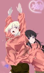 2girls absurdres black_hair blonde_hair brown_shorts commentary_request hair_ribbon heart highres hood hood_down hoodie hug hug_from_behind inoue_takina long_hair long_sleeves lycoris_recoil multiple_girls nishikigi_chisato one_eye_closed open_mouth pink_hoodie pink_shirt purple_eyes red_eyes red_ribbon ribbon sengoku_chidori ship_name shirt short_hair shorts translated