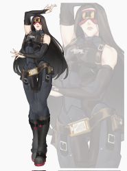Rule 34 | 1other, androgynous, artistic error, bare shoulders, belt, black hair, blindfold, boots, corrupted twitter file, cosplay, costume switch, detached sleeves, full body, guilty gear, guilty gear strive, highres, long hair, looking at viewer, pollo (pollo pom), simple background, sleeveless, solo, testament (guilty gear), very long hair, white background, wrong hand, zato-1, zato-1 (cosplay)