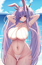 1girl absurdres animal_ears arms_up bikini blue_sky blush breasts cloud collarbone criss-cross_halter curvy day hair_ribbon halterneck hands_in_own_hair highleg highleg_bikini highres large_breasts liya long_hair looking_at_viewer mountainous_horizon navel o-ring ocean outdoors purple_hair rabbit_ears red_eyes reisen_udongein_inaba ribbon sidelocks sky solo standing sweat swimsuit touhou twintails variant_set very_long_hair white_bikini wide_hips