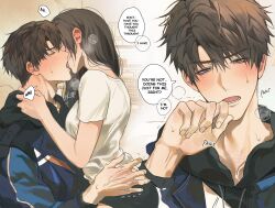 Rule 34 | 1boy, 1girl, aroused, black hair, black hoodie, black panties, blue jacket, blush, breath, brown hair, caleb (love and deepspace), closed eyes, couple, english text, evil fishie, french kiss, grey eyes, half-closed eyes, hand up, highres, hood, hoodie, jacket, kiss, long hair, love and deepspace, moaning, open mouth, panties, protagonist (love and deepspace), shirt, short hair, speech bubble, straddling, sweat, t-shirt, talking, tongue, tongue out, underwear, upright straddle, white shirt