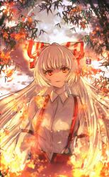 1girl bamboo bow breasts cloud collared_shirt commentary cowboy_shot embers eyelashes fire fujiwara_no_mokou full_moon hair_bow hashtag-only_commentary highres long_hair long_sleeves looking_at_viewer moon night night_sky outdoors pants red_eyes red_garter red_pants shirt sky sleeve_garter solo soukou_(artist) standing suspender_pants touhou very_long_hair watermark white_bow white_hair white_shirt