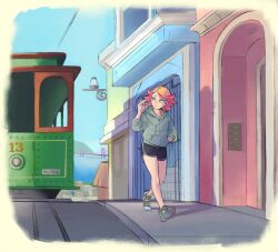 Rule 34 | 1girl, amanda o&#039;neill, black shorts, cable car, dolphin shorts, earphones, golden gate bridge, green eyes, green hoodie, highres, hood, hoodie, little witch academia, liv daily, looking back, multicolored hair, orange hair, red hair, san francisco, shoes, shorts, sidewalk, sneakers, walking, water