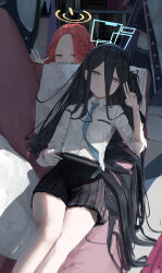 4girls absurdly_long_hair absurdres aris_(blue_archive) black_hair black_hairband black_skirt blue_archive blue_eyes blue_halo blue_necktie blush braid commentary couch forehead game_development_department_(blue_archive) grey_eyes hair_flowing_over hairband halo handheld_game_console highres holding holding_handheld_game_console kyatto-mikazu long_hair looking_at_viewer lying midori_(blue_archive) momoi_(blue_archive) multiple_girls necktie on_couch one_side_up orange_halo red_hair ringed_eyes shirt skirt smile thighs v very_long_hair w white_shirt yuzu_(blue_archive)