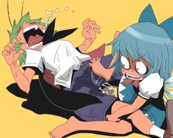2girls antennae barefoot black_cape blue_bow blue_dress blue_hair bow cape cirno commentary_request denki_anma dress full_body green_hair hair_bow ice ice_wings looking_at_another multiple_girls onikobe_rin open_mouth pee peeing peeing_self purple_shorts red_cape scared shaded_face shirt short_hair short_sleeves shorts simple_background touhou two-sided_cape two-sided_fabric white_shirt wings wriggle_nightbug