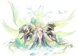 1girl absurdly_long_hair absurdres ahoge animal anklet artist_request azur_lane bare_shoulders barefoot bikini bird blonde_hair blue_flower blush breasts cannon cape chain cleavage closed_mouth collarbone crossed_legs curvy detached_sleeves earrings elf feathered_wings feet flower full_body gem gold_trim gouden_leeuw_(azur_lane) green_flower groin hair_between_eyes hair_ornament halo halterneck hand_up highres holding holding_staff horns huge_breasts jewelry leaf legs lily_pad loincloth long_hair looking_at_viewer machinery mole nail_polish navel necklace no_panties non-web_source official_art oversized_wings parted_lips pelvic_curtain petals plant pointy_ears purple_eyes reflection reflective_water revealing_clothes rigging ripples see-through_clothes skindentation solo staff standing standing_on_liquid stomach swimsuit thigh_strap thighlet thighs toenails toes underwear very_long_hair vines water wide_sleeves wings world_of_warships