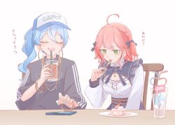 2girls ahoge belt bendy_straw blue_hair blue_hat blue_skirt blush bracelet braid cake cellphone chair chamomile_(kazumasa) cleavage_cutout clothing_cutout commentary drink drinking drinking_straw earrings eating english_commentary flower_earrings food green_eyes hair_ribbon hat highres holding holding_drink hololive hoop_earrings hoshimachi_suisei jersey jewelry long_sleeves loose_clothes multiple_belts multiple_bracelets multiple_girls neck_ribbon necklace open_mouth phone pink_hair ponytail ribbon sakura_miko sakura_miko_(street) shirt short_hair side_braid sidelocks simple_background skirt smartphone strawberry_shortcake table translation_request utensil_in_mouth virtual_youtuber white_background