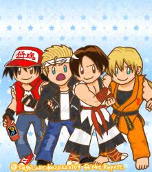 4boys cosplay costume_switch fatal_fury haoumaru kusanagi_kyo multiple_boys ryou_sakazaki ryuuko_no_ken samurai_shodown terry_bogard the_king_of_fighters