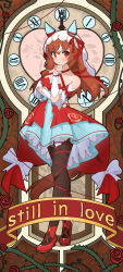 1girl absurdres animal_ears blush breasts brown_hair character_name clock collarbone commentary_request detached_sleeves flower full_body hair_between_eyes hair_ornament highres horse_girl kiru_(user_spfe2432) open_mouth red_eyes ribbon shoes small_breasts solo standing still_in_love_(umamusume) string string_of_fate thighhighs umamusume veil