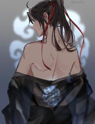 1boy ahoge back back_focus back_tattoo bare_shoulders bishounen black_hair black_pants black_robe blush brown_hair chinese_clothes from_behind glowing glowing_tattoo grey_background hair_ribbon hanfu high_ponytail highres implied_yaoi long_hair looking_at_viewer looking_back male_focus modao_zushi nape off_shoulder pants parted_lips partially_undressed ponytail profile purple_eyes red_ribbon ribbon robe robe_partially_removed see-through_clothes sideways_glance solo tattoo tukkakka twitter_username undressing upper_body wei_wuxian