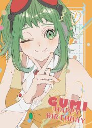 1girl ;) bare_shoulders border character_name closed_mouth commentary cropped_jacket detached_collar goggles goggles_on_head green_eyes green_hair grid_background gumi hand_up happy_birthday headphones heart highres jacket manya_sora nail_polish one_eye_closed orange_border orange_jacket orange_nails outside_border short_hair sidelocks simple_background sleeveless sleeveless_jacket smile solo upper_body v vocaloid white_background wing_collar wrist_cuffs