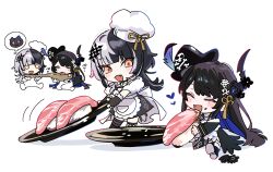 apron black_dress black_hair black_horns blue_hair chef_hat commentary dress food grey_hair hat heart highres hololive hololive_english horns multicolored_hair nerissa_ravencroft nerissa_ravencroft_(1st_costume) open_mouth pirate_hat shiori_novella shiori_novella_(1st_costume) speech_bubble split-color_hair sushi symbol-only_commentary thought_bubble two-tone_hair virtual_youtuber white_apron yellow_eyes yomosaka