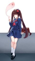 1girl absurdres alternate_costume bag black_shoes blue_sailor_collar blue_serafuku blue_shirt blue_skirt blush brown_hair closed_mouth collared_shirt flower full_body genshin_impact hair_flower hair_ornament hair_ribbon highres hu_tao_(genshin_impact) kneehighs loafers long_hair long_sleeves looking_at_viewer miniskirt neckerchief orange_eyes plaid_clothes plaid_skirt prana_(prana12) purple_ribbon red_flower red_neckerchief ribbon sailor_collar sailor_shirt school_uniform serafuku shirt shoes skirt smile socks solo standing symbol-shaped_pupils twintails very_long_hair white_background white_socks