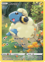 :d animal_focus artist_name card_(medium) character_name company_name copyright_name copyright_notice english_text flower gen_2_pokemon grass leaf mareep nintendo no_humans official_art open_mouth outdoors pokemon pokemon_(creature) pokemon_card pokemon_focus pokemon_tcg saitou_kouki sheep smile solo sparkle third-party_source trading_card