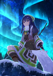 Rule 34 | 1girl, absurdres, ainu clothes, aurora, black hair, bow (weapon), braid, headscarf, highres, jewelry, outdoors, pilika (rune factory), purple eyes, rune factory, rune factory: guardians of azuma, scarf, user xtmy5285, weapon, wolf