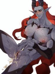 1boy 1cuntboy abs afk_(series) afk_journey after_vaginal aftersex bara black_horns black_markings black_sclera blush body_markings clitoris closed_mouth colored_sclera colored_skin cum cum_in_pussy cum_pool cuntboy cuntboy_only curly_hair demon demon_boy demon_horns grey_skin hand_on_own_stomach highres horns large_pectorals legs_apart long_hair looking_at_viewer looking_to_the_side male_focus multiple_ponytails muscular muscular_male nipples pectorals phraesto_(afk) pointy_ears ponytail puffy_nipples pussy pussy_juice red_hair scorpion_tail sitting solo sweat tail tearing_up yellow_eyes