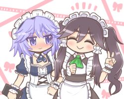 2girls ^_^ alternate_costume apron ascot bad_id bad_twitter_id black_hair blush closed_eyes dress enmaided hozumi_shizuku long_hair magia_record:_mahou_shoujo_madoka_magica_gaiden mahou_shoujo_madoka_magica maid maid_apron maid_headdress mariko_ayaka multiple_girls puffy_short_sleeves puffy_sleeves purple_eyes purple_hair reverse_(bluefencer) short_hair short_sleeves smile twintails v wrist_cuffs yuri