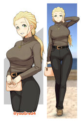 1girl absurdres bag belt black_belt black_pants blonde_hair blue_sky blurry blurry_background brown_eyes brown_footwear casual clear_sky closed_mouth commentary cropped_legs day depth_of_field girls_und_panzer grey_sweater hair_pulled_back hair_tie hairband hand_in_own_hair handbag highres holding holding_bag jewelry long_hair long_sleeves looking_at_viewer multiple_views necklace open_mouth outdoors pants ponytail ribbed_sweater sasaki_akebi shoes sky smile standing sweater thigh_gap turtleneck twitter_username white_hairband yougata