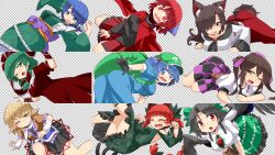 6+girls animal_ears arm_cannon ass black_gloves black_hair black_skirt blonde_hair blue_dress blue_eyes blue_hair bow breasts brown_hair brown_shirt cape cat_ears cat_girl dress feathered_wings gloves green_bow green_dress green_eyes green_hair green_kimono green_skirt hair_ribbon hat hemogurobin_a1c highres himekaidou_hatate imaizumi_kagerou japanese_clothes kaenbyou_rin kagiyama_hina kawashiro_nitori kimono long_hair looking_at_viewer mizuhashi_parsee multiple_girls pointy_ears purple_bow red_bow red_cape red_dress red_eyes red_hair red_ribbon reiuji_utsuho ribbon scarf sekibanki shirt short_hair skirt tokin_hat touhou twintails wakasagihime weapon white_scarf white_shirt wings wolf_ears wolf_girl