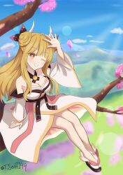Rule 34 | 1girl, absurdres, blonde hair, breasts, cleavage, date a live, hair bun, highres, hoshimiya mukuro, japanese clothes, kimono, long hair, thighs, trajon, tree, yellow eyes, yukata