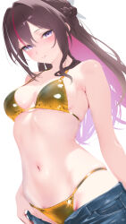 1girl alternate_costume armpit_crease azki_(hololive) bikini bikini_under_clothes blush bow braid breasts brown_hair cleavage closed_mouth cohi27151463 colored_inner_hair commentary cowboy_shot denim double-parted_bangs gold_bikini hair_bow hair_intakes half_up_braid hand_in_pants highres hololive jeans long_hair looking_at_viewer medium_breasts multicolored_hair navel open_fly paid_reward_available pants pink_hair purple_eyes sidelocks simple_background smile solo standing stomach streaked_hair swimsuit virtual_youtuber white_background white_bow white_hair