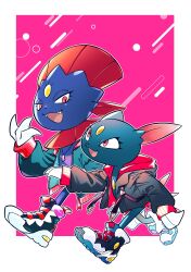 :d absurdres clothed_pokemon creatures_(company) evolutionary_line eye_contact eyelashes game_freak gen_2_pokemon gen_4_pokemon hand_up happy highres jacket legs_apart looking_at_another nintendo open_clothes open_jacket open_mouth pkpokopoko3 pokemon pokemon_(creature) pokemon_focus red_eyes shoes smile sneasel weavile zipper