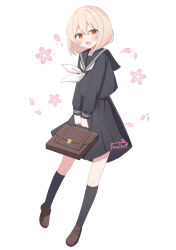 1girl bag black_sailor_collar black_serafuku black_shirt black_skirt black_socks blonde_hair bob_cut brown_bag brown_shoes commission falling_petals flower full_body furutori highres holding holding_bag loafers long_sleeves looking_at_viewer neckerchief open_mouth orange_eyes original petals pink_flower sailor_collar school_uniform serafuku shirt shoes signature simple_background skeb_commission skirt smile socks solo v_arms white_background white_neckerchief