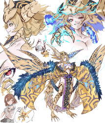 ! 3girls absurdres arkveld blonde_hair breasts brown_eyes brown_hair brown_sweater_vest clawed_feet claws cleavage_cutout clothing_cutout collarbone dragon_girl dragon_horns dragon_tail electricity flying_sweatdrops fur-trimmed_kimono fur_trim hair_between_eyes highres horns japanese_clothes kimono large_breasts looking_at_viewer misaka_mikoto monster_girl monster_hunter_(series) monster_hunter_wilds multiple_girls multiple_views navel_cutout one_eye_closed pelvic_curtain personification profile red_eyes rey_dau school_uniform sharp_teeth slit_pupils smirk stomach sweater_vest tail teeth toaru_kagaku_no_railgun toaru_majutsu_no_index tokiwadai_school_uniform trait_connection umitsuki white_hair