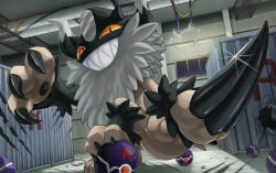 cable claw_mark claws commentary_request electricity gen_8_pokemon glint grin hakuginnosora highres indoors light nintendo no_humans perrserker poke_ball pokemon pokemon_(creature) sharp_teeth shipping_container smile solo standing teeth window