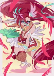 Rule 34 | 1girl, absurdres, aqua hair, bare shoulders, boots, border, bow, capelet, circle skirt, clothing cutout, cropped shirt, cure flamingo, determined, earrings, eyelashes, feather-trimmed sleeves, feather earrings, feather hair ornament, feathers, fighting, fighting stance, fingerless gloves, fishnet thighhighs, fishnets, floating clothes, floating earrings, floating hair, frilled skirt, frills, full body, gloves, green bow, grey border, hair between eyes, hair ornament, hand on ground, heart cutout, high heel boots, high heels, highres, jewelry, knee boots, layered skirt, long hair, long hair between eyes, looking at viewer, lower teeth only, magical girl, midriff, miniskirt, multicolored hair, open mouth, orange capelet, outside border, outstretched arm, pleated skirt, precure, purple eyes, red boots, red hair, red ribbon, red skirt, red thighhighs, ribbon, shadow, shell brooch, shipu (gassyumaron), shirt, short sleeves, shoulder cutout, signature, skirt, solo, streaked hair, swept bangs, takizawa asuka, teeth, thighhighs, tropical-rouge! precure, tsurime, two-tone hair, v-shaped eyebrows, very long hair, white gloves, white shirt, white skirt, yellow background, yellow brooch