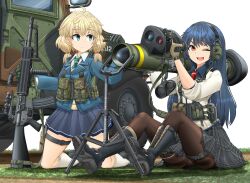 2girls absurdres anti-tank_missile assault_rifle black_footwear black_pantyhose blazer blonde_hair blue_eyes blue_hair blue_jacket blue_shirt blue_skirt boots brown_sweater closed_mouth combat_boots commentary_request dress_shirt explosive frown green_necktie grenade gun hair_tie harness headphones highres holding holding_weapon hummer jacket kneehighs kneeling lace-up_boots long_hair long_sleeves looking_at_another looking_at_viewer low_twintails m16 m47_dragon medium_hair mikeran_(mikelan) miniskirt motor_vehicle multiple_girls necktie on_ground on_shoulder one_eye_closed open_mouth orange_eyes original pantyhose plaid_clothes plaid_skirt pleated_skirt pointing red_necktie rifle school_uniform shadow shirt shoes sitting skirt sleeves_rolled_up smile socks sweater thigh_strap thighband_pantyhose tripod twintails v-neck weapon white_background white_jacket white_shirt white_socks wing_collar
