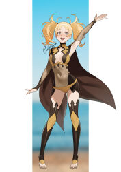 Rule 34 | 1girl, :d, absurdres, alternate costume, arm up, blonde hair, breasts, brown cape, cape, commentary, commission, cosplay, covered navel, english commentary, fire emblem, fire emblem awakening, fire emblem fates, full body, grey eyes, highres, lissa (fire emblem), medium breasts, nintendo, open mouth, ophelia (fire emblem), ophelia (fire emblem) (cosplay), panties, shizuko hideyoshi, small breasts, smile, solo, standing, toes, twintails, underwear, yellow panties