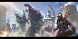 absurdres bandai blue_sky cloud cloudy_sky creator_connection crossover energy energy_beam eva_01 explosion gainax glowing glowing_eyes glowing_hand glowing_mouth glowing_spikes godzilla godzilla_(series) godzilla_(shin) highres kaiju kamen_rider kamen_rider_1 khara_(animation_studio) letterboxed lipiah_(ultra_series) masashi_toy mecha multiple_crossover neon_genesis_evangelion particle_beam particles robot shin_godzilla shin_japan_heroes_universe shin_kamen_rider shin_ultraman sky spacium_beam spikes toho tsuburaya_productions ultra_series ultraman ultraman_(1st_series)