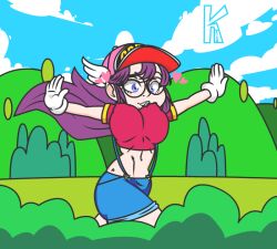 aged_up animated animated_gif artist_name blue_eyes bouncing_breasts breasts bush cloud dr._slump gloves grass hat heart hill k_toon large_breasts midriff navel nipples norimaki_arale overall_shorts overalls purple_hair running signature sky smile tree winged_hat