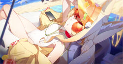 4girls absurdres animal_ear_fluff animal_ears bare_legs bare_shoulders beach beach_mat bikini black_bikini black_hair black_wings blonde_hair blue_archive cameltoe cellphone covered_navel cross_halo crossed_legs diamond_cutout earphones extra_ears feathered_wings feet_out_of_frame flat_chest fox_ears fox_girl hair_over_one_eye halo hand_up hasumi_(blue_archive) hasumi_(swimsuit)_(blue_archive) highleg highleg_one-piece_swimsuit highres ichika_(blue_archive) ichika_(swimsuit)_(blue_archive) innertube jacket loli long_hair long_sleeves looking_at_viewer mika_(blue_archive) mika_(swimsuit)_(blue_archive) multiple_girls ocean off_shoulder official_alternate_costume official_alternate_hairstyle one-piece_swimsuit one_eye_covered open_mouth orange-tinted_eyewear phone pink_eyes pink_hair sand seia_(blue_archive) seia_(swimsuit)_(blue_archive) shade side_ponytail sitting smartphone sunglasses sunlight swim_ring swimsuit thighs tinted_eyewear triangle_mouth very_long_hair visor_cap white_bikini white_innertube white_one-piece_swimsuit white_wings wings xie_hong_bai yellow_halo yellow_jacket yellow_visor