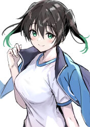 1girl black_hair blue_jacket blush breasts closed_mouth collarbone commentary green_eyes green_hair hair_between_eyes highres jacket jacket_on_shoulders large_breasts looking_at_viewer love_live! love_live!_nijigasaki_high_school_idol_club multicolored_hair nijigasaki_track_jacket open_clothes open_jacket sankuro_(agoitei) shirt simple_background smile solo takasaki_yu track_jacket twintails two-tone_hair upper_body white_background white_shirt