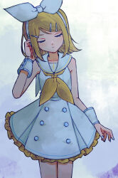 1girl absurdres blonde_hair bow buttons closed_eyes closed_mouth collarbone cowboy_shot double-breasted dress eyelashes frilled_dress frills hair_ornament hairclip head_tilt highres kagamine_rin kagamine_rin_(sour) keylow lace lace-trimmed_dress lace_trim medium_hair neckerchief sailor_collar sailor_dress skinny sleeveless sleeveless_dress swept_bangs treble_clef tucking_hair vocaloid white_bow white_dress white_nails white_sailor_collar wrist_cuffs yellow_neckerchief yellow_trim