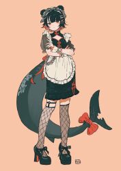 1girl alternate_costume apron black_shoes bow chinese_clothes colored_inner_hair commentary_request crossed_arms ellen_joe fins fish_tail fishnet_thighhighs fishnets full_body high_heels highres looking_at_viewer maid maid_headdress mole mole_under_eye multicolored_hair orange_background qi_maid razor_blade_hair_ornament red_bow red_nails shark_girl shark_tail shiro_chan46 shoes tail tail_ornament thighhighs white_apron zenless_zone_zero