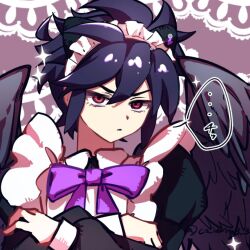 Rule 34 | 1boy, ahoge, androgynous, angel, annoyed, apron, closed mouth, cropped, crossed arms, dress, frilled apron, frills, hair between eyes, juliet sleeves, kid icarus, kid icarus uprising, ko iwari ngo, lace background, long sleeves, maid, maid apron, maid headdress, male focus, neck, nintendo, puffy sleeves, purple background, red eyes, sidelocks, spiked hair, v-shaped eyebrows, white apron, wings