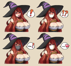 ! !? ...! 1girl arms_behind_back asphyxiation bare_shoulders bdsm blush bondage bound breasts cleavage cloth_gag dragon&#039;s_crown gag gagged gagging hat heart highres huge_breasts improvised_gag jam-orbital layered_gags long_hair multiple_views open_mouth over_the_nose_gag red_hair rope shibari simple_background sorceress_(dragon&#039;s_crown) spoken_exclamation_mark spoken_heart standing swept_bangs tape tape_gag witch_hat yellow_eyes