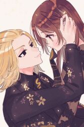 1boy 1girl biting_necktie black_dress black_suit brown_eyes brown_hair couple dress face-framing_short_strand formal_clothes highres loose_hair_strand m15391599 parted_bangs round_eyes sano_manjirou stroking_hair suit tokyo_revengers upper_body