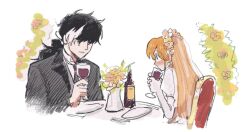 1boy 1girl 79x_(ox79xo) ace_attorney athena_cykes black_hair black_jacket black_necktie blush bottle bridal_veil closed_mouth cup dress drinking_glass earrings elbow_gloves flower flower_hairband gloves holding holding_cup jacket jewelry juliet_sleeves long_hair long_sleeves multicolored_hair necktie orange_hair phoenix_wright:_ace_attorney_-_dual_destinies plate profile puffy_sleeves shirt simon_blackquill smile two-tone_hair vase veil white_dress white_gloves white_hair white_shirt wine_glass
